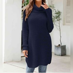 Lisa and Rose Cowl Turtle Neck Waffle Knit Slit Side Sweater Dress SMALL Navy